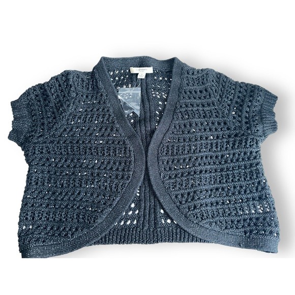 Womens Knit Cardigan Crop Black Crochet Shrug Liz Claiborne Medium - Picture 1 of 11
